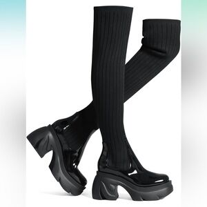 Thigh High Boots Round Toe Mid Chunky Heel Stretch Over the Knee Boots
